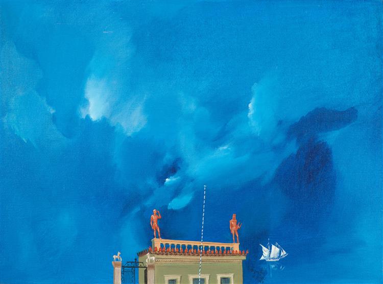 Neoclassical Building with Statues and Sailing Boat, 1972 - Spyros Vassiliou