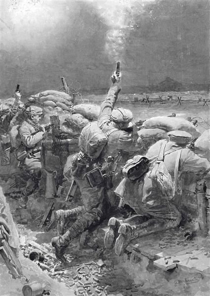 Keeping off a night attack on the Western Front: A ruse de guerre in the trenches - Firing star pistols and rifles at once (25 December 1915), 1915 - Fortunino Matania