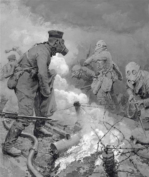 A British raid on the German lines through clouds of poison gas (1st July 1916), 1916 - Fortunino Matania