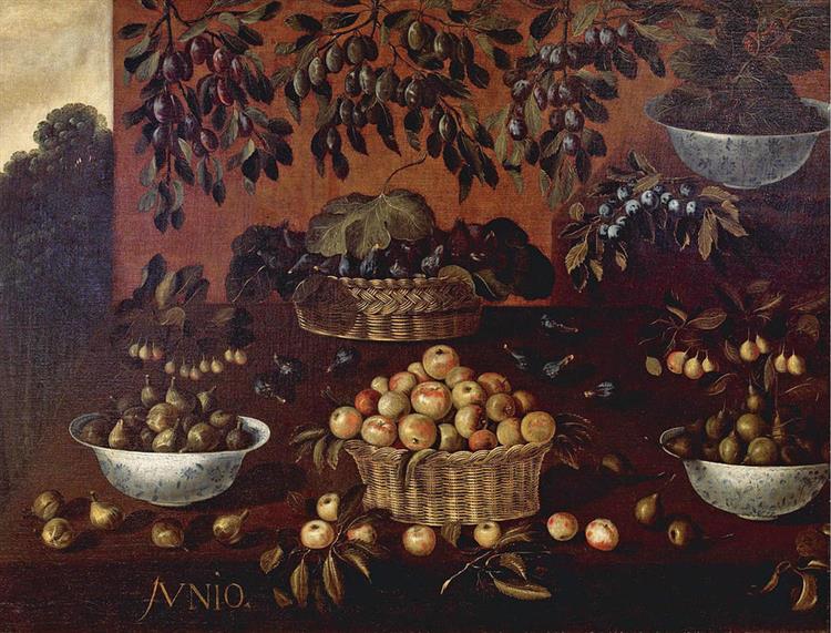 An Allegory Of The Month Of June. Still Life Of Apples, Plums, Figs And Blackberries In Wicker Baskets And Porcelain Bowls, Arranged On A Stepped Ledge, With Branches Of Plums Suspended From Above - Франсіско Баррера