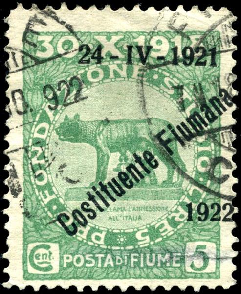 Fiume 5-centime overprint stamp, 1922 - Leopoldo Metlicovitz