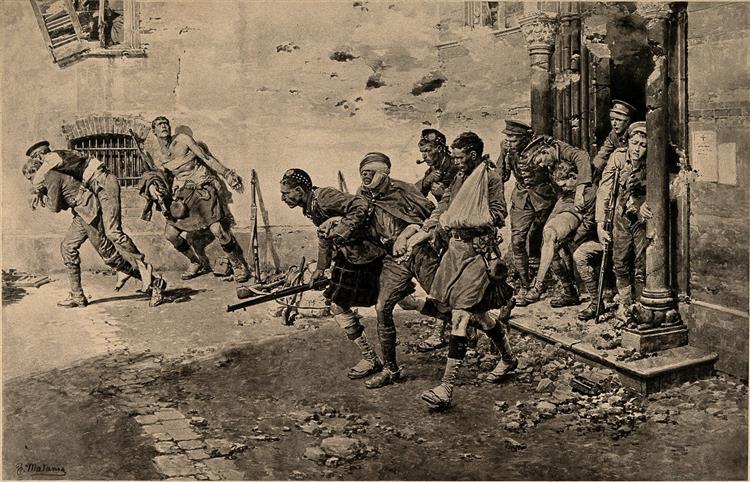 Soldiers escorting wounded men from a war damaged building, 1916 - Fortunino Matania