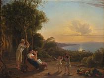 Family scene with children dancing at sunset on the Gulf of Naples with a view of the island of Capri - Franz Ludwig Catel