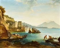 Gulf of Naples with fishermen and mussels gathering - Franz Ludwig Catel