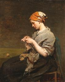 Young girl knitting (version 2) - Jules Breton