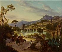 Southern river landscape with stone bridges, in the foreground lively activity at the well - August Wilhelm Julius Ahlborn