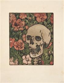 Death and Flowers [A Skull on a Dark Green Background with Pink and White Flowers] - Maria Iakountchikova