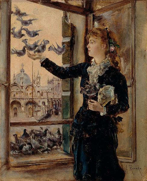 Girl at a window to St. Mark's Square, feeding pigeons, c.1875 - Anton Romako