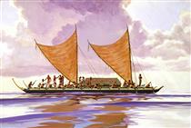 Artist’s Interpretation of the Archaic Form of Voyaging Vessel (Eastern Polynesia) - Herb Kawainui Kāne