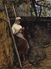 Country girl leaning against a ladder - Сильвестро Лега