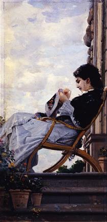 Lady working on the terrace - Cristiano Banti