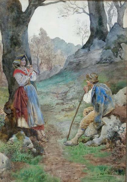 A shepherdess serenading her suitor - Enrico Nardi
