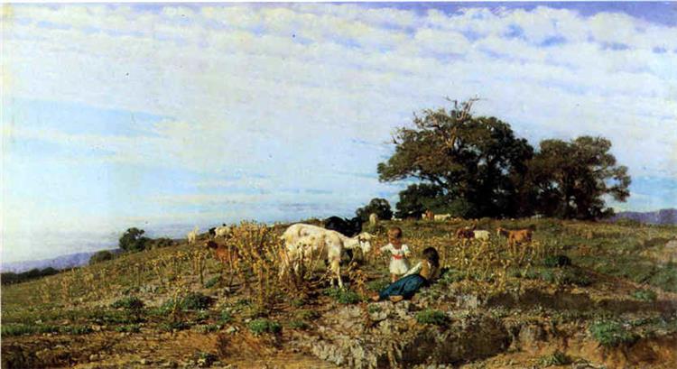 Goats on the pasture with young peasants - Michele Cammarano