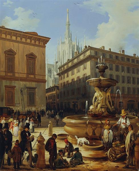 Street view from Milan, in the background the Duomo, 1844 - Angelo Inganni