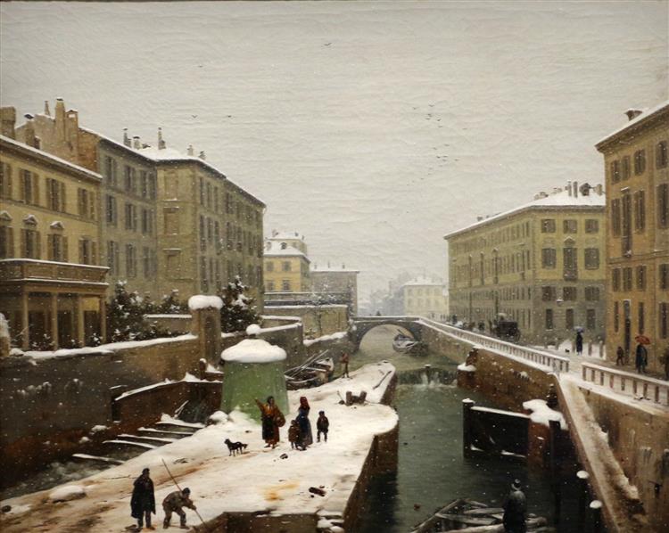 View taken on the eastern gate bridge with falling snow, 1850 - Angelo Inganni