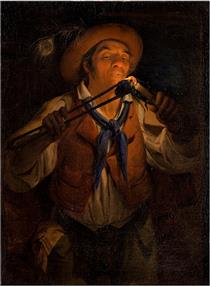 Farmer lighting a candle with a burning stick - Angelo Inganni