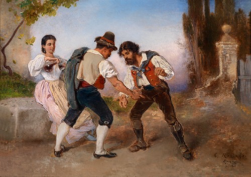 Italian Peasants Playing Morra and a Peasant Woman with Wine Bottle, 1857 - 1876 - Anton Romako