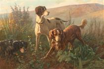 Three hunting dogs in a landscape with mountains in the distance - Карло Адемолло