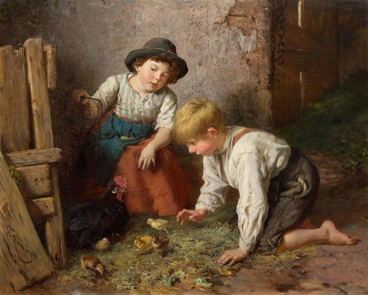Two children with the chicks - Felix Schlesinger