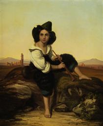 Italian shepherd boy sitting on a rock - Leopold Pollak