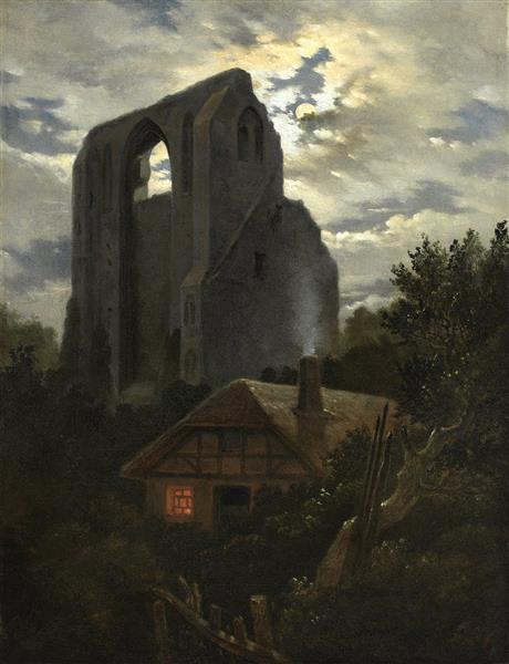 Ruins of the Eldena Monastery with cottage near Greifswald in Moonlight, 1819 - 1820 - Carl Gustav Carus