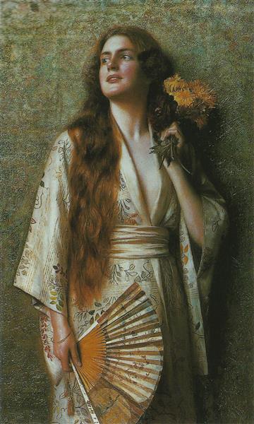 Frau im Kimono mit Fächer und Blumen, 1900 - Max Nonnenbruch