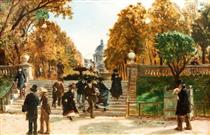 People in the Luxembourg garden, with the Pantheon in Paris - Alfred Dehodencq