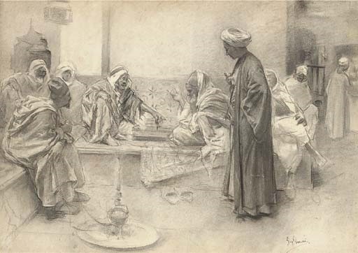 Men playing chequers in an eastern bazaar - Gustavo Simoni