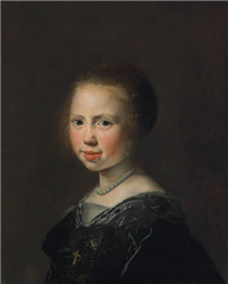 Portrait of a girl, bust-length, in a black dress and pearl necklace - Jan de Bray