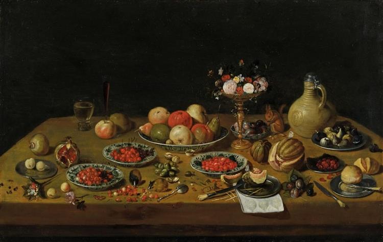 Fruit still life with flower tazza, squirrel, and jar - Jan van Kessel the Elder
