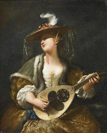 A Lady Playing a Mandolin - Jean Barbault