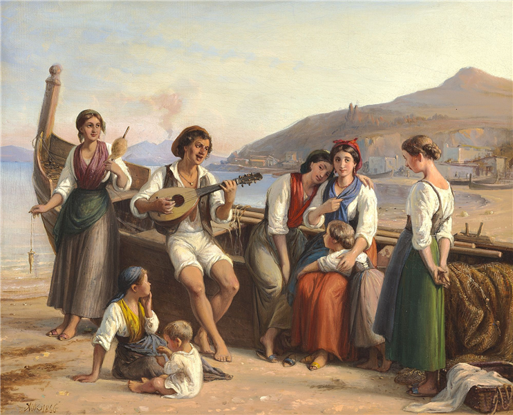 Young man from Naples playing and singing serenades for young women, 1866 - Вильгельм Марстранд