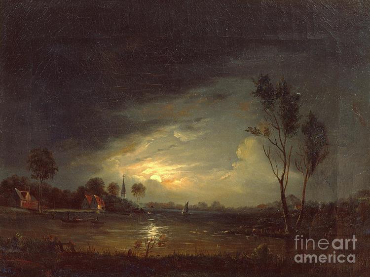 Fjord landscape with fishermen in moonlight - Knud Baade