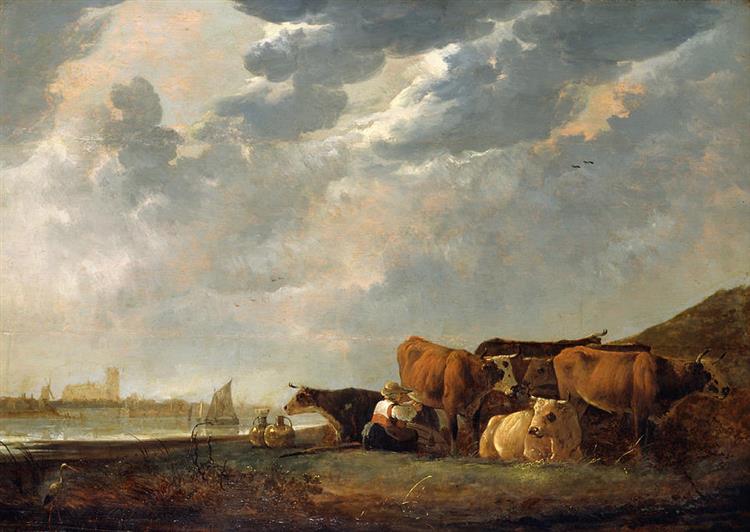 Cattle near the Maas, with Dordrecht in the distance - Albert Jacob Cuyp