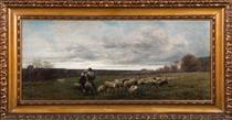 Shepherd couple with flock in landscape - Anatolio Scifoni