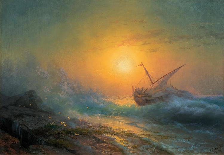 Stormy Sea at Sunset - 伊凡·艾瓦佐夫斯基