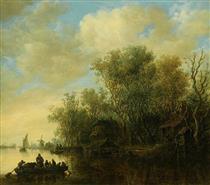 A River Landscape With A Fully-laden Ferry Boat Approaching - Jan van Goyen