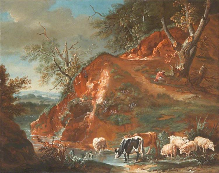 Landscape with Cows and Sheep beside a Mountain Stream - Жан-Батіст Одрі