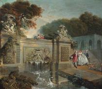A Lady Shown a Fountain by Two Gentlemen in a Park - Jean-Baptiste Oudry