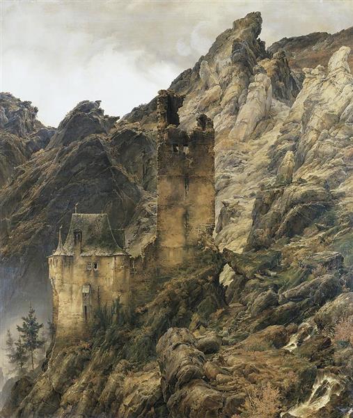 Rocky Landscape Gorge with Ruins - Karl Lessing