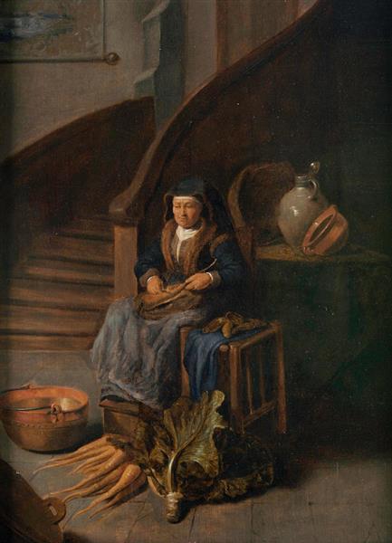 An Old Lady Peeling Carrots Indoors - Gerrit Dou - WikiArt.org