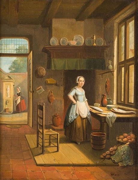 Two maids at work in kitchen and yard - Hubertus van Hove