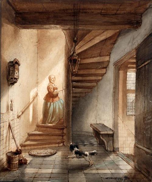 Lady with dog in interior - Hubertus van Hove