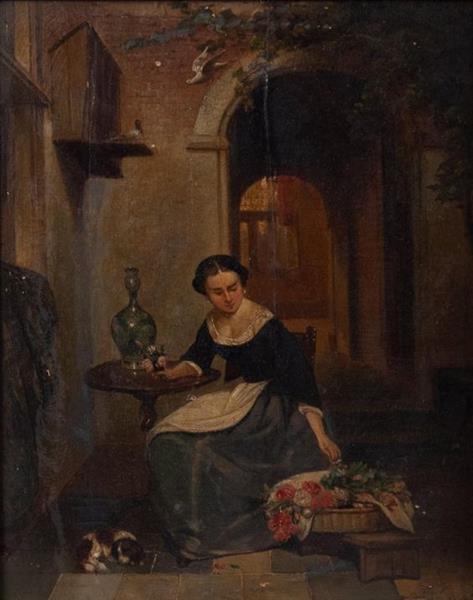 Woman in an Interior with Basket of Flowers and Dog - Hubertus van Hove