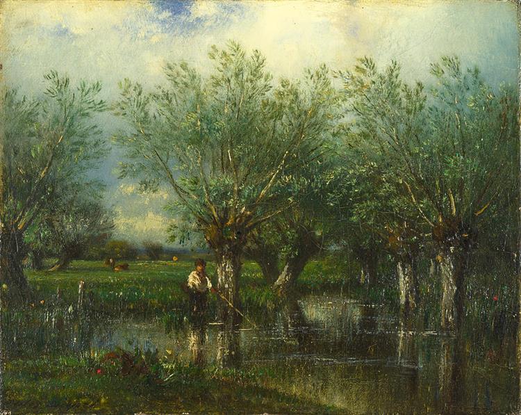 Willows with a Man Fishing - Жюль Дюпре