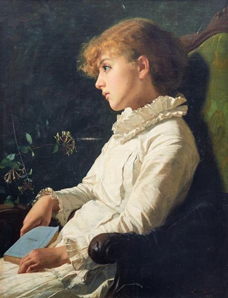 A daydreaming girl with a book by Manzoni in her lap, 1883 - Luigi Da Rios