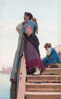 Mother with children, scene from Venice - Luigi Da Rios
