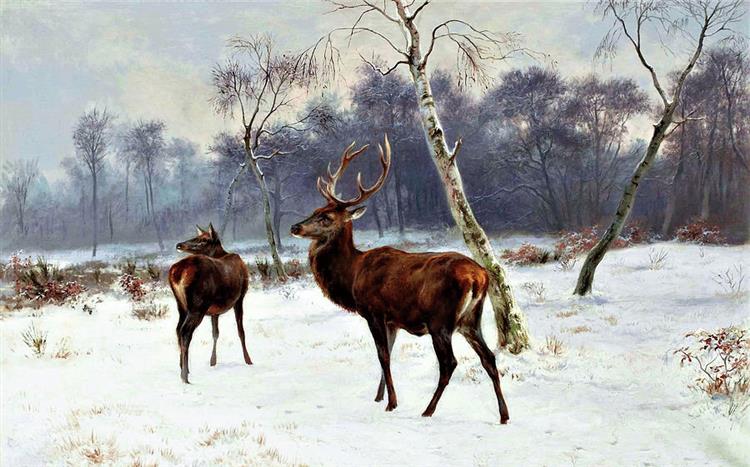 Deer and Doe in a Snowy Landscape - Rosa Bonheur