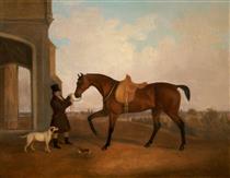 A Horse and Groom outside a Porch - John Boultbee
