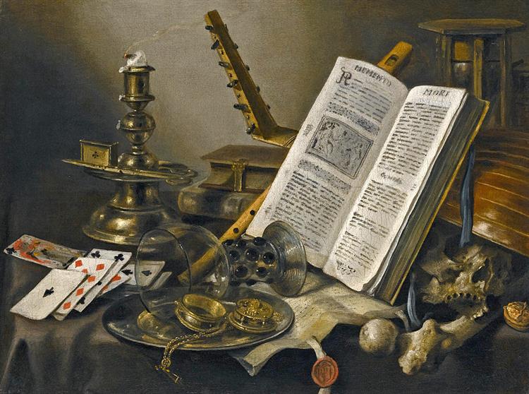 Vanitas Still Life with a Book a Glass Roemer a Skull a Lute a Pack of Cards and Piece of Parchment - Пітер Клас